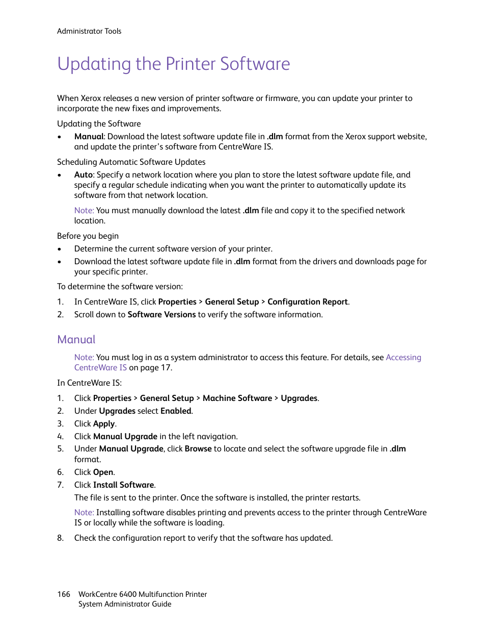 Updating the printer software, Manual | Xerox WorkCentre 6400 User Manual | Page 166 / 184