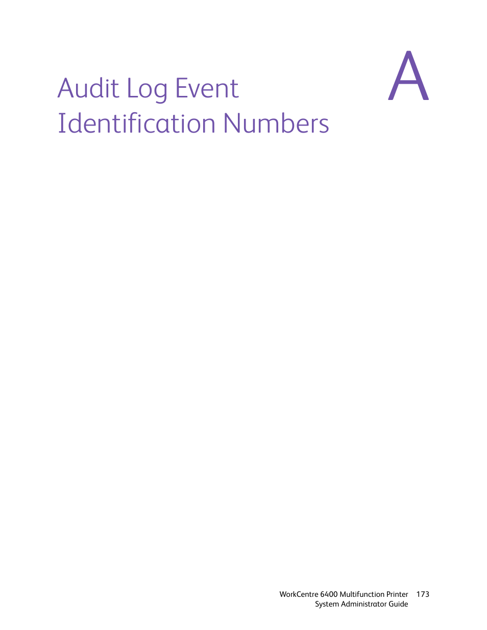 Audit log event identification numbers | Xerox WorkCentre 6400 User Manual | Page 173 / 184