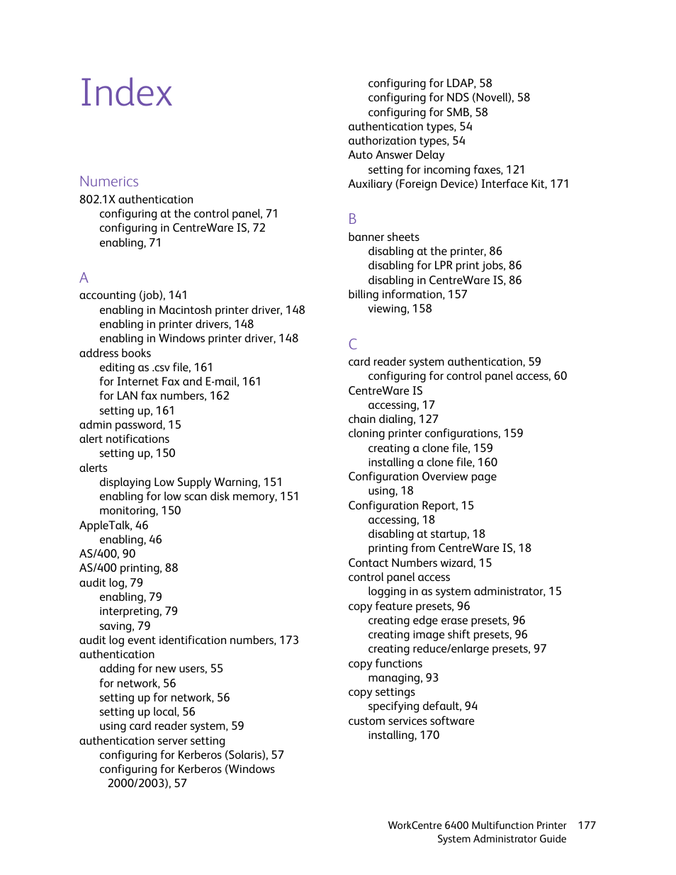 Index | Xerox WorkCentre 6400 User Manual | Page 177 / 184