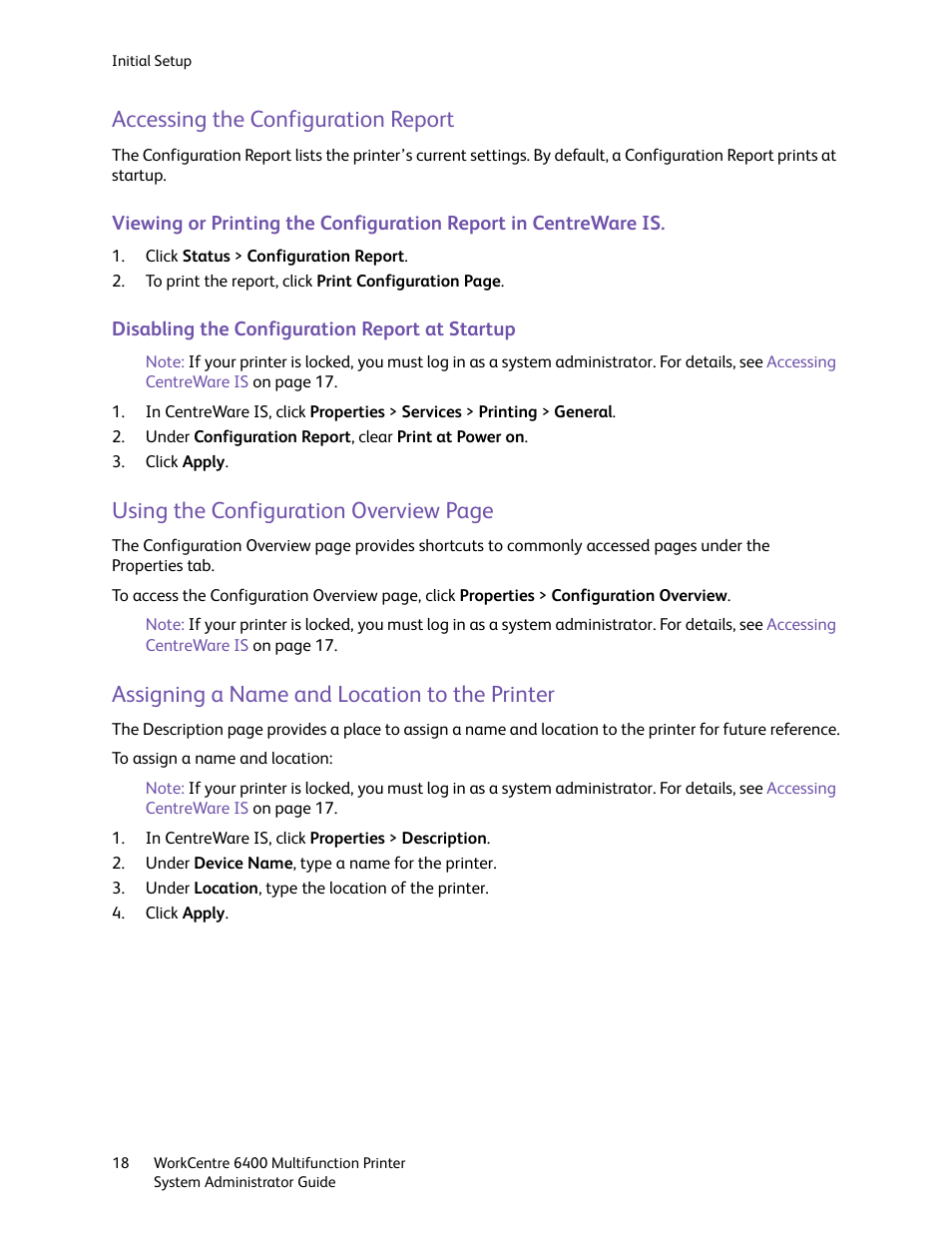 Accessing the configuration report, Assigning a name and location to the printer, Using the configuration overview page | Xerox WorkCentre 6400 User Manual | Page 18 / 184