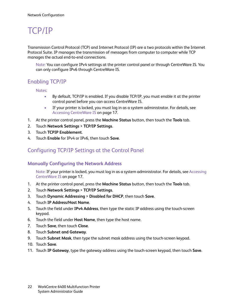 Tcp/ip, Enabling tcp/ip, Configuring tcp/ip settings at the control panel | S, see | Xerox WorkCentre 6400 User Manual | Page 22 / 184