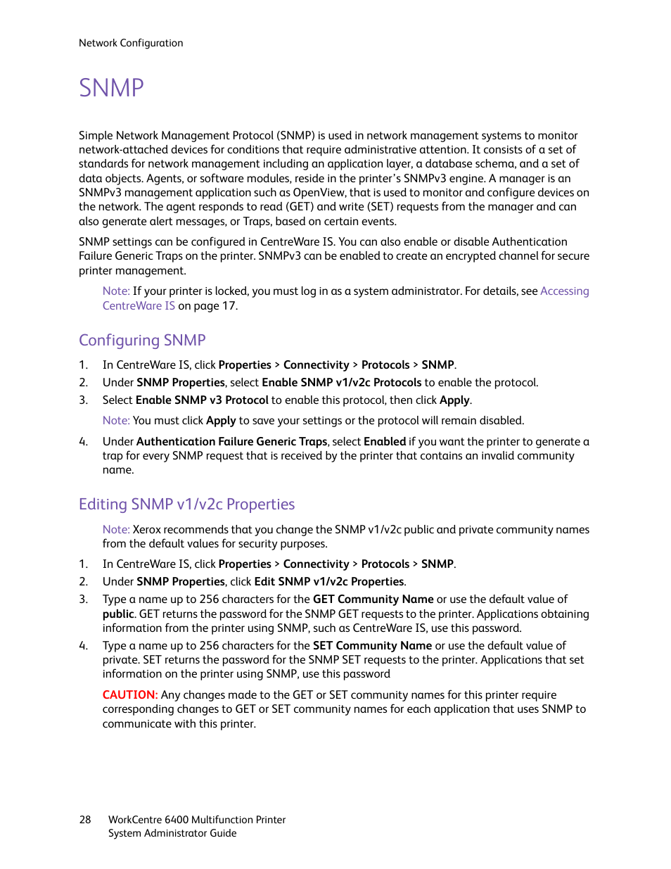 Snmp, Configuring snmp, Editing snmp v1/v2c properties | Configuring snmp editing snmp v1/v2c properties | Xerox WorkCentre 6400 User Manual | Page 28 / 184