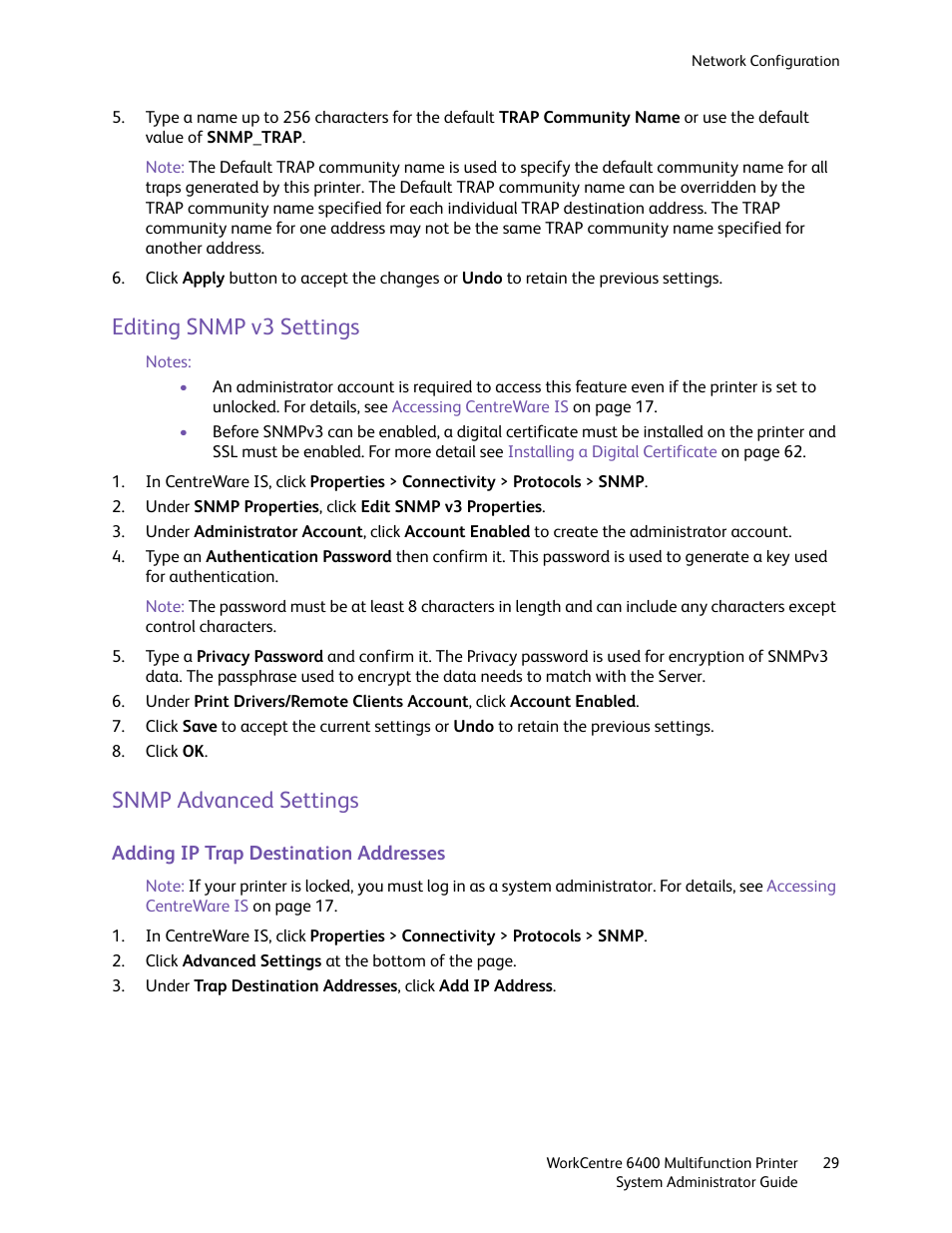 Editing snmp v3 settings, Snmp advanced settings, Editing snmp v3 settings snmp advanced settings | Xerox WorkCentre 6400 User Manual | Page 29 / 184