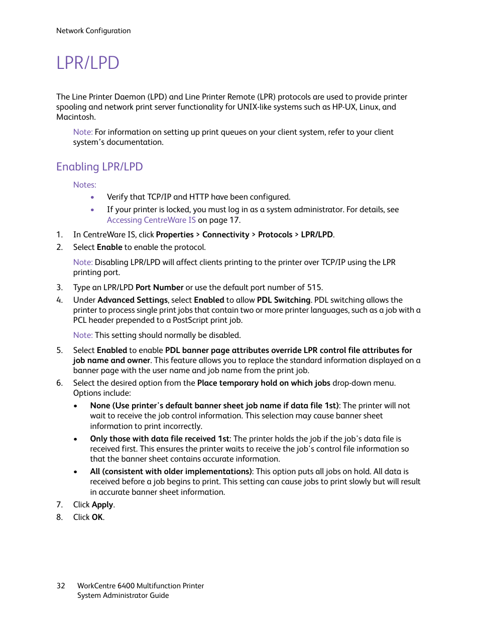 Lpr/lpd, Enabling lpr/lpd | Xerox WorkCentre 6400 User Manual | Page 32 / 184