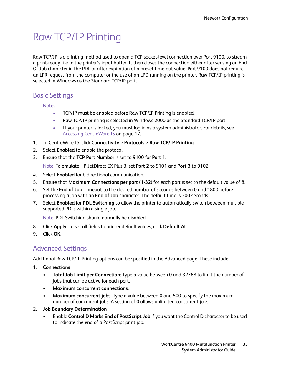 Raw tcp/ip printing, Basic settings, Advanced settings | Basic settings advanced settings | Xerox WorkCentre 6400 User Manual | Page 33 / 184