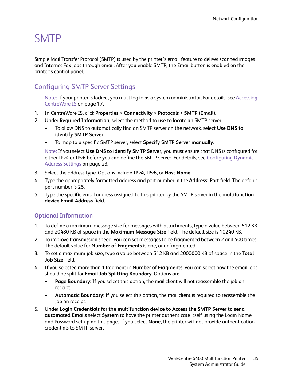 Smtp, Configuring smtp server settings | Xerox WorkCentre 6400 User Manual | Page 35 / 184