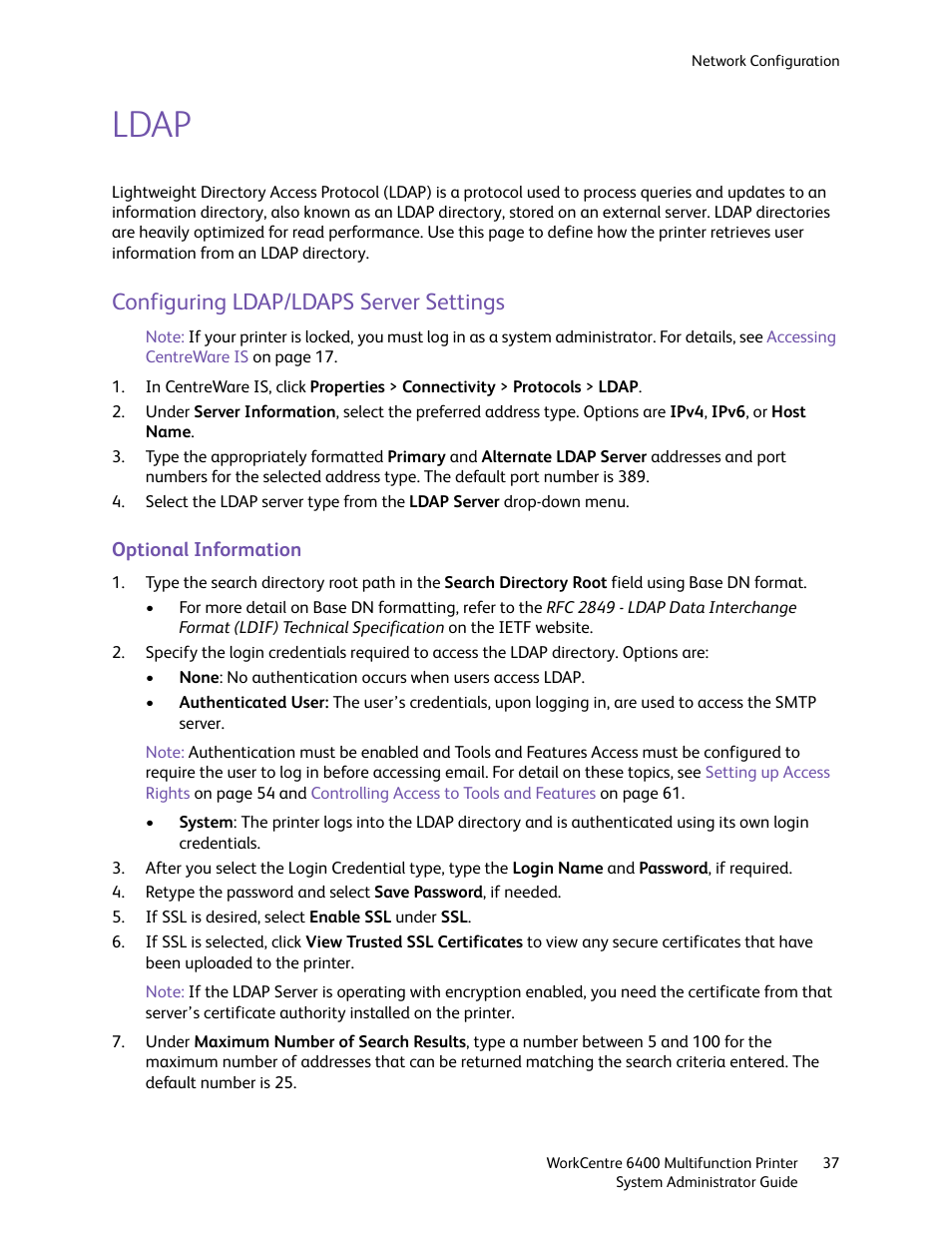 Ldap, Configuring ldap/ldaps server settings | Xerox WorkCentre 6400 User Manual | Page 37 / 184