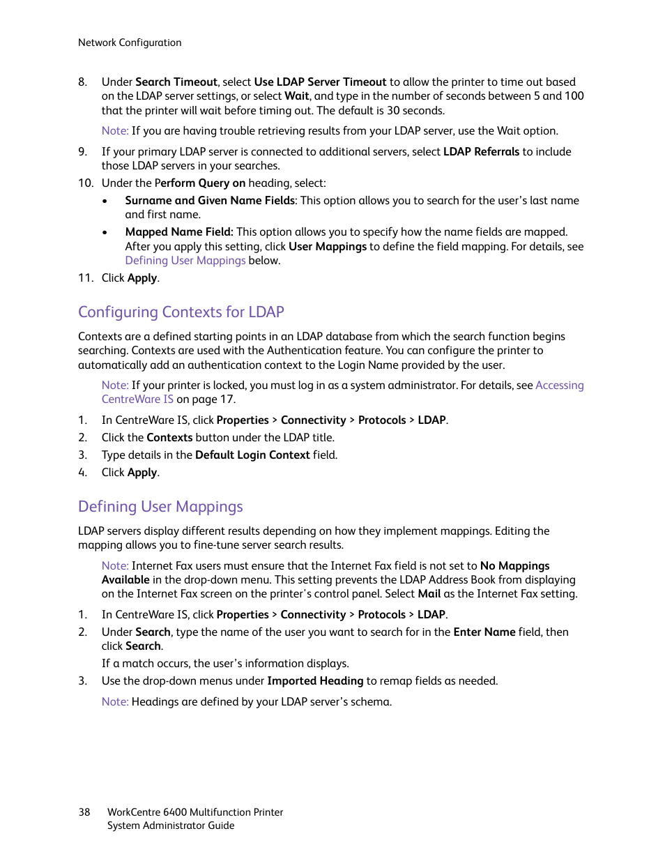 Configuring contexts for ldap, Defining user mappings | Xerox WorkCentre 6400 User Manual | Page 38 / 184