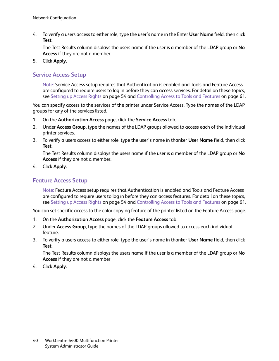 Service access setup, Feature access setup | Xerox WorkCentre 6400 User Manual | Page 40 / 184