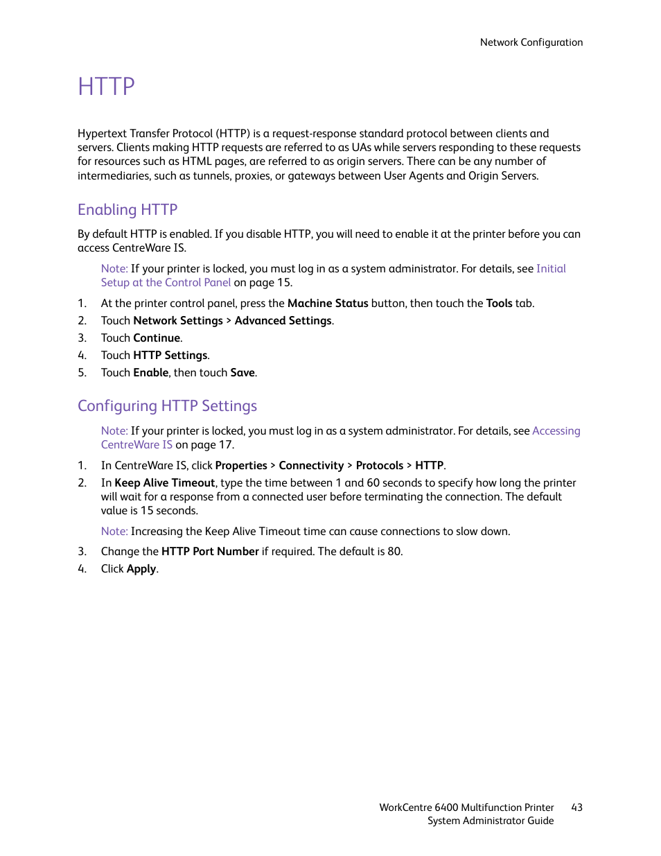 Http, Enabling http, Configuring http settings | Enabling http configuring http settings | Xerox WorkCentre 6400 User Manual | Page 43 / 184