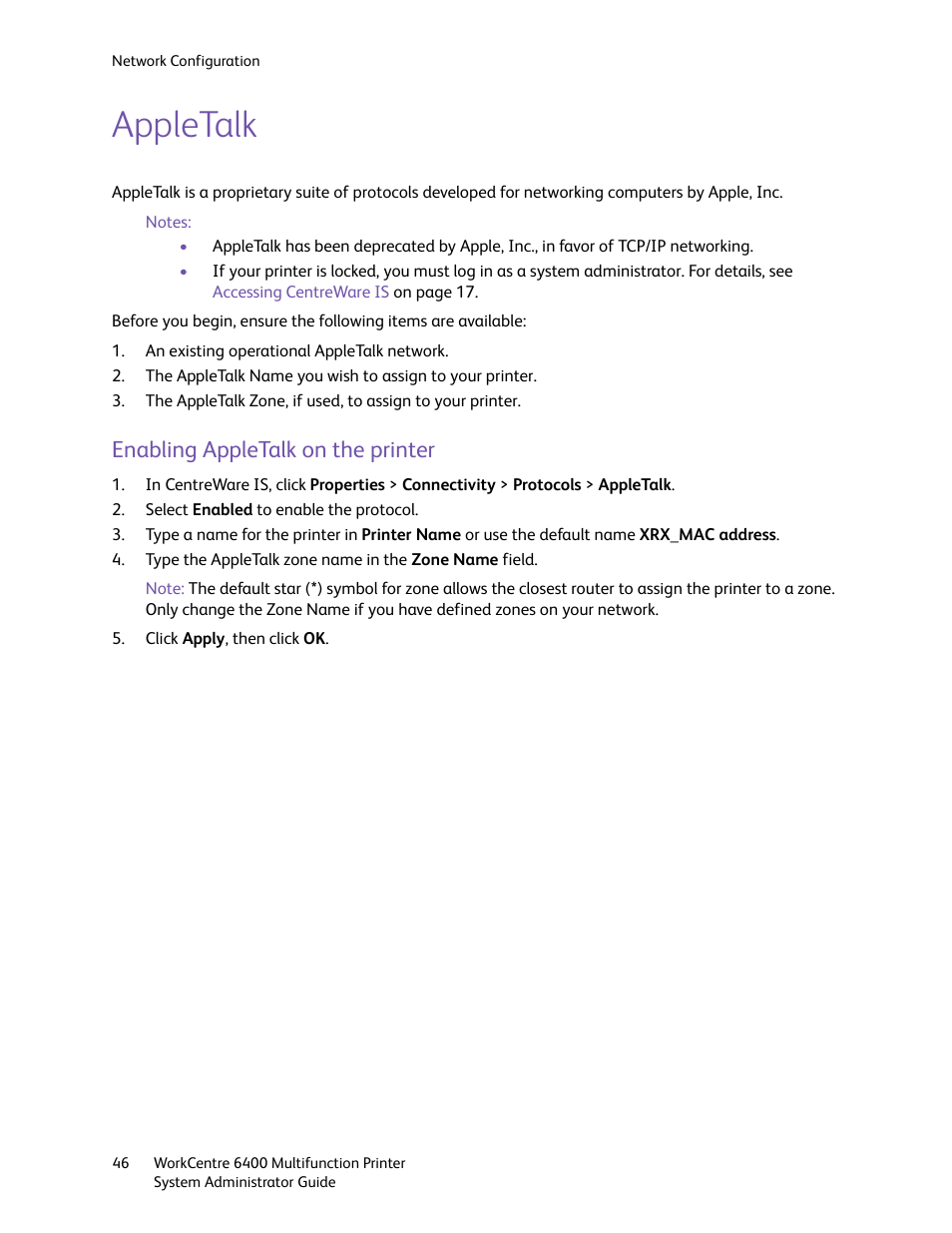 Appletalk, Enabling appletalk on the printer | Xerox WorkCentre 6400 User Manual | Page 46 / 184