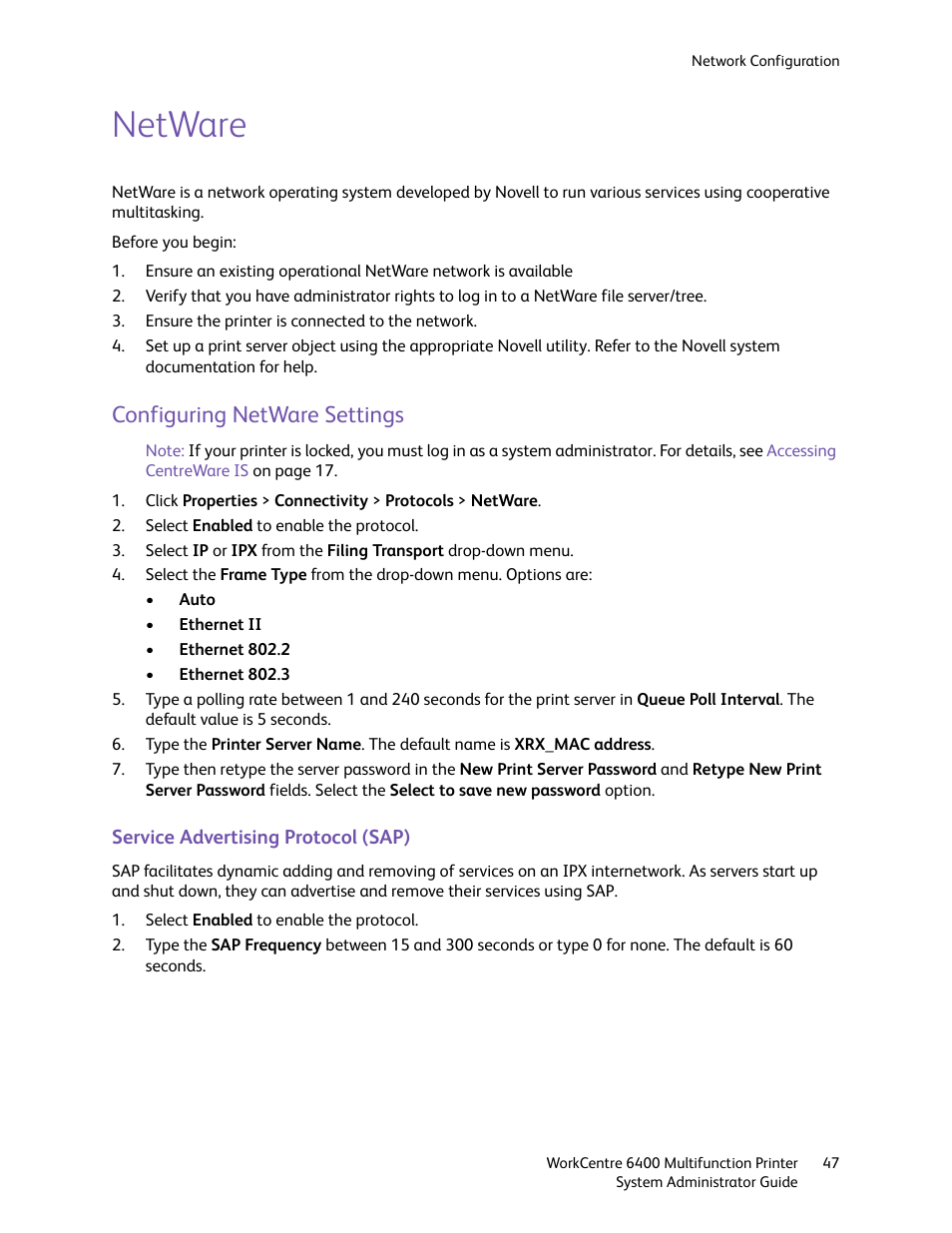 Netware, Configuring netware settings | Xerox WorkCentre 6400 User Manual | Page 47 / 184