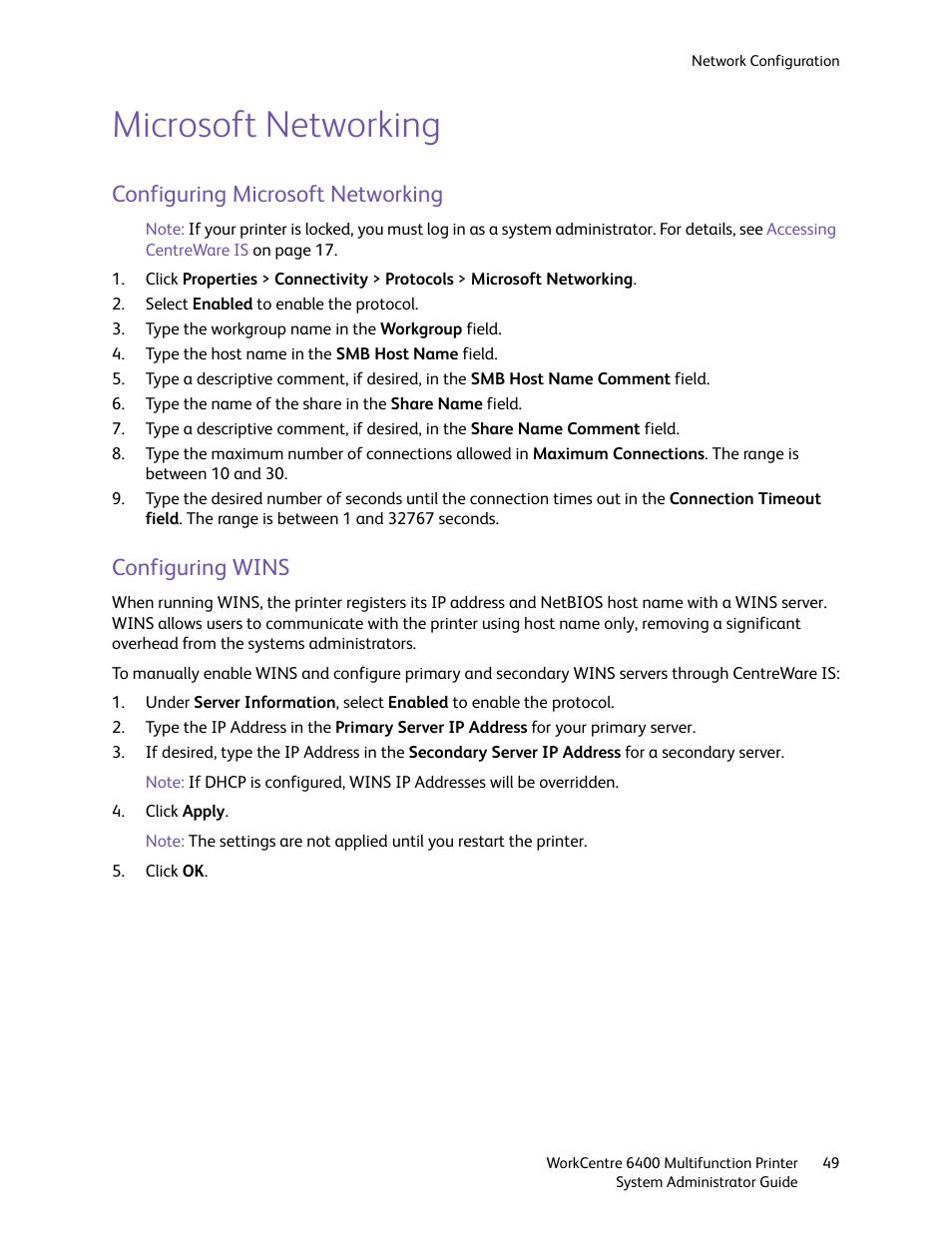 Microsoft networking, Configuring microsoft networking, Configuring wins | Configuring microsoft networking configuring wins | Xerox WorkCentre 6400 User Manual | Page 49 / 184