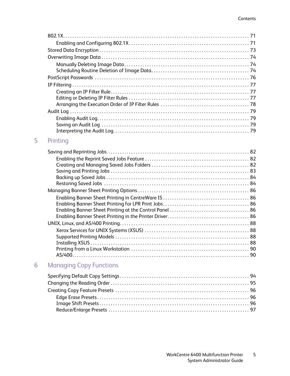 5printing, 6managing copy functions | Xerox WorkCentre 6400 User Manual | Page 5 / 184