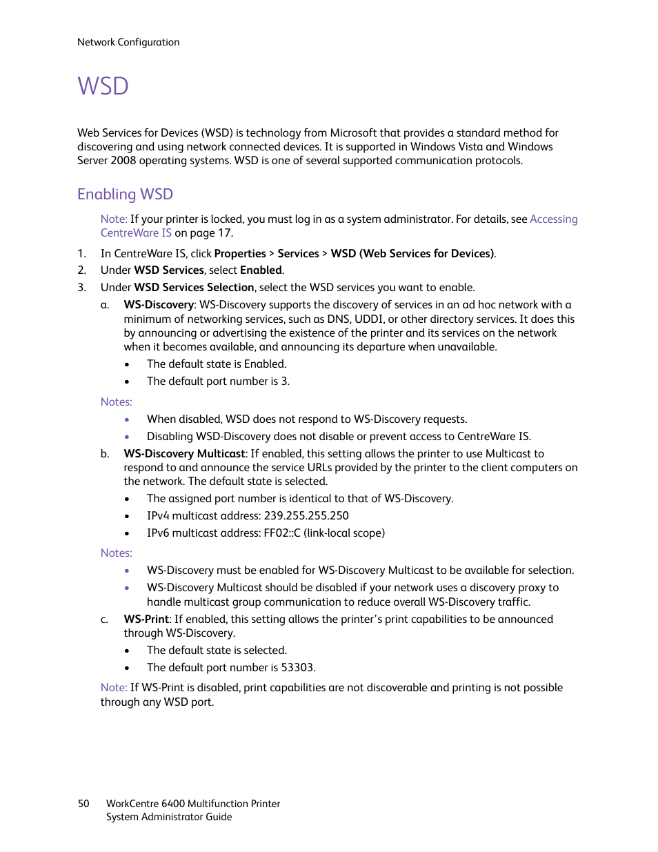 Enabling wsd | Xerox WorkCentre 6400 User Manual | Page 50 / 184