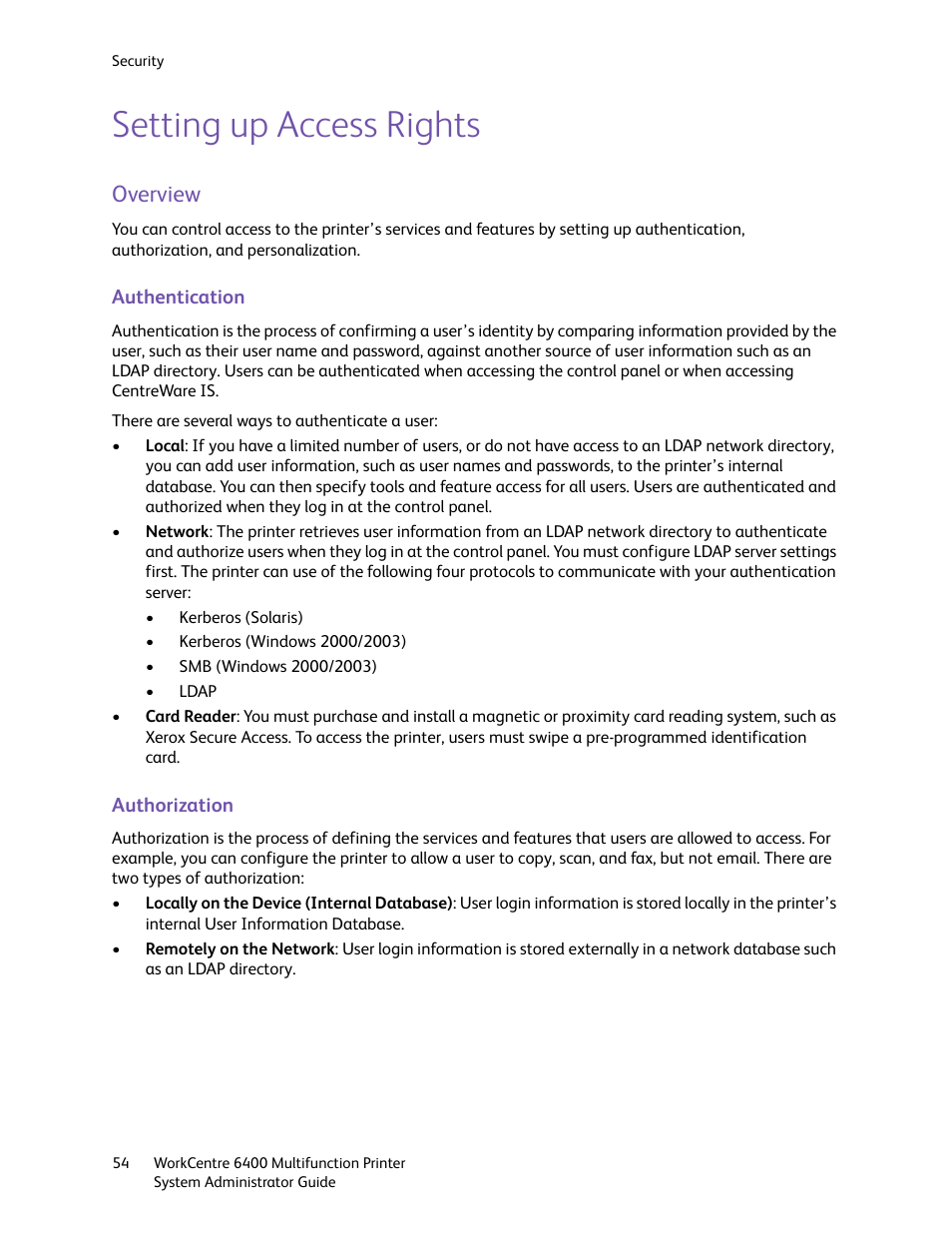 Setting up access rights, Overview, Setting up access | Rights | Xerox WorkCentre 6400 User Manual | Page 54 / 184