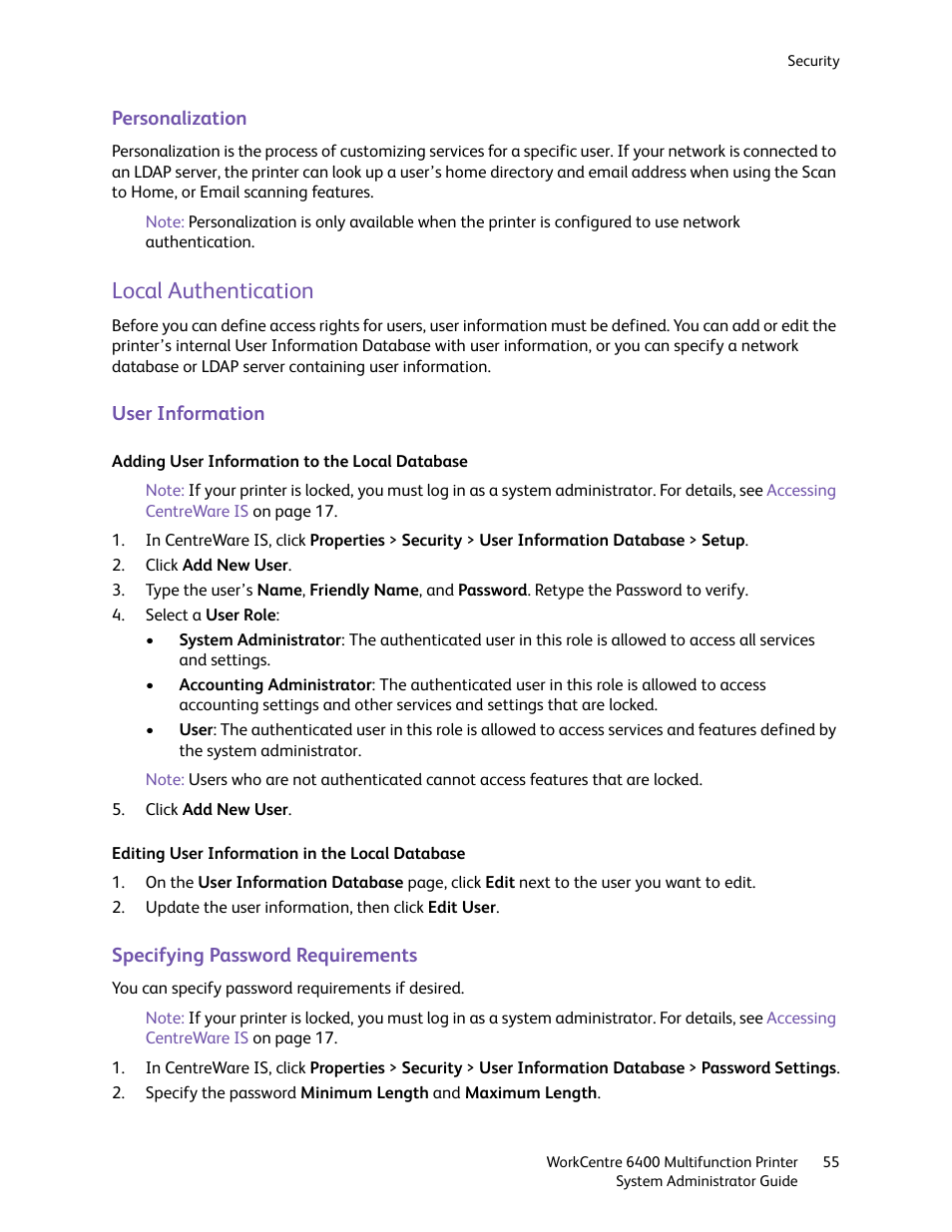 Local authentication | Xerox WorkCentre 6400 User Manual | Page 55 / 184