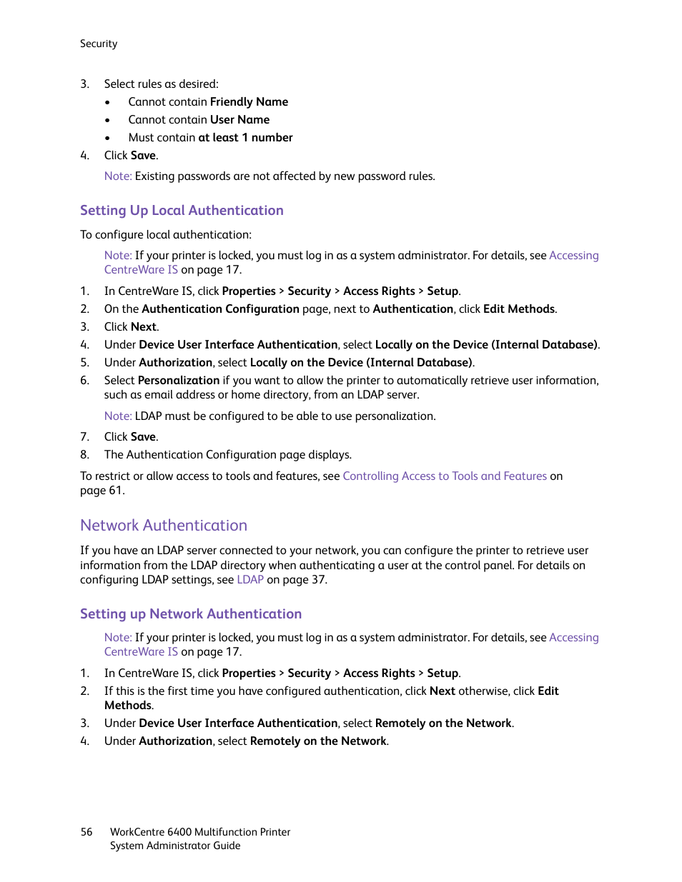 Network authentication | Xerox WorkCentre 6400 User Manual | Page 56 / 184