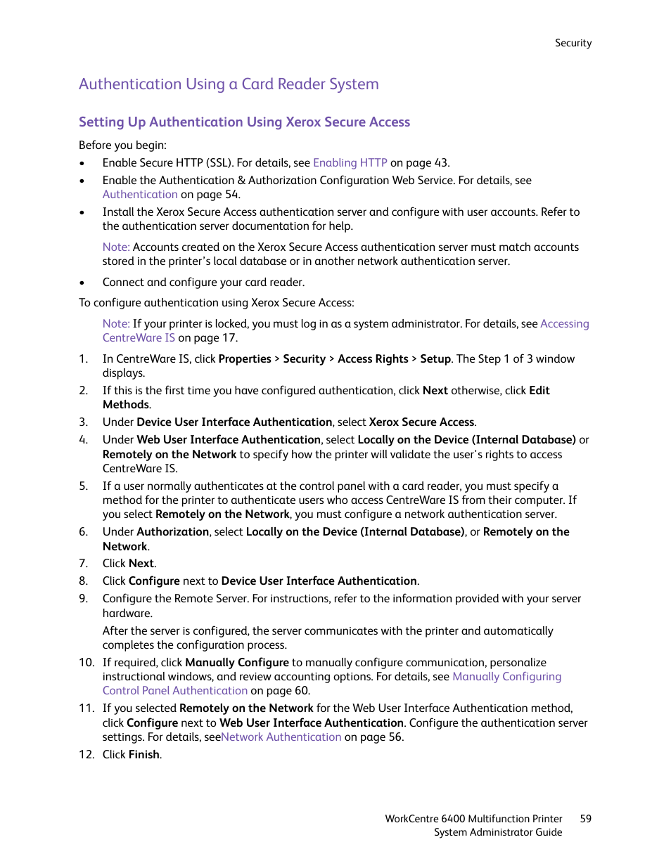 Authentication using a card reader system | Xerox WorkCentre 6400 User Manual | Page 59 / 184