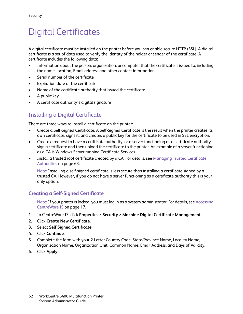 Digital certificates, Installing a digital certificate | Xerox WorkCentre 6400 User Manual | Page 62 / 184