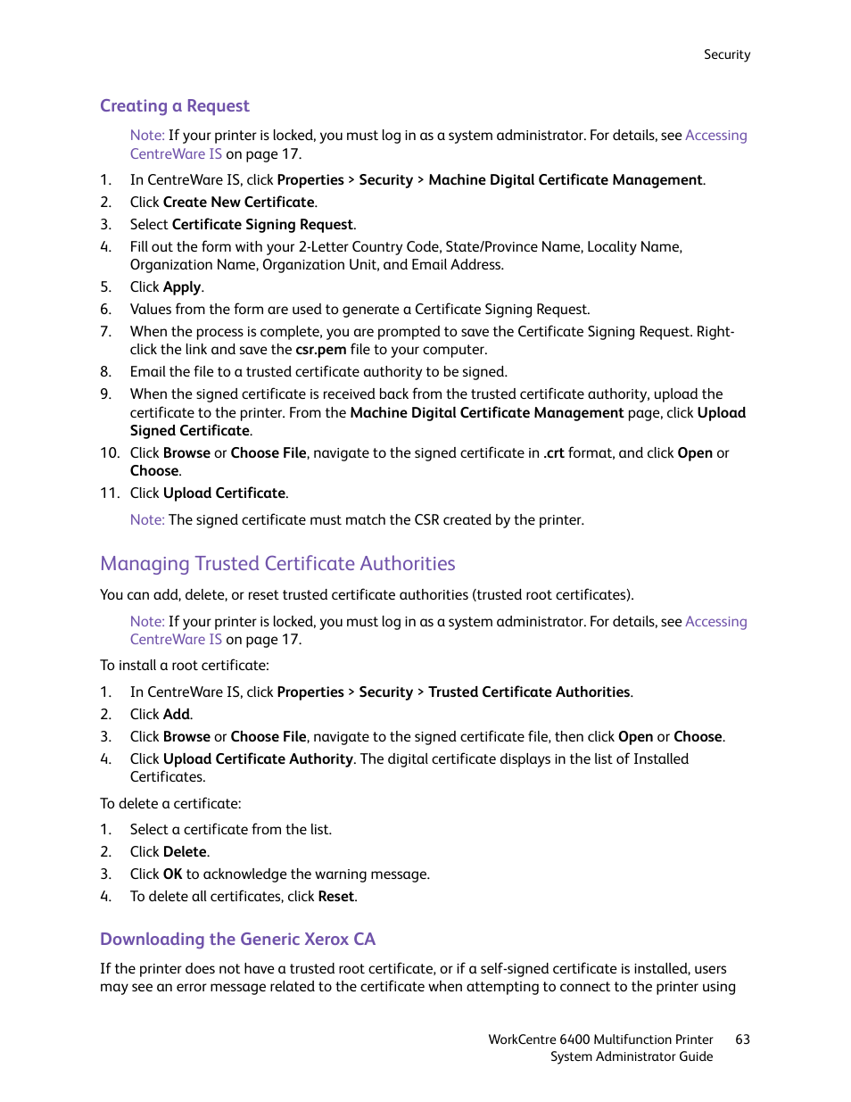 Managing trusted certificate authorities, Managing trusted certificate, Authorities | Xerox WorkCentre 6400 User Manual | Page 63 / 184