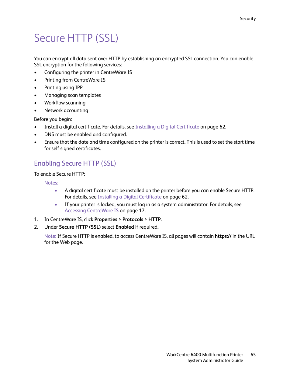 Secure http (ssl), Enabling secure http (ssl) | Xerox WorkCentre 6400 User Manual | Page 65 / 184