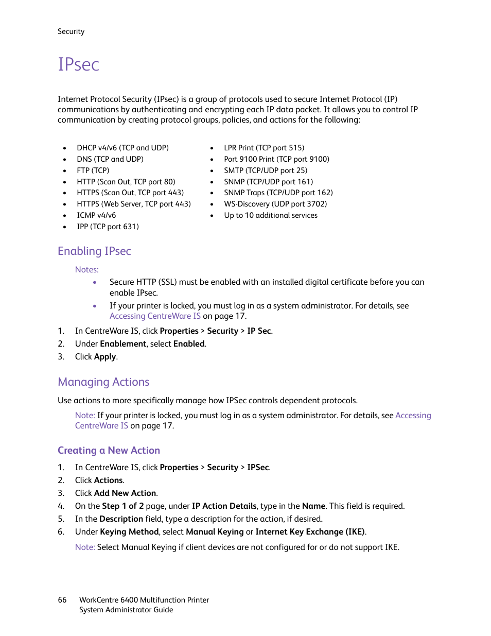 Ipsec, Enabling ipsec, Managing actions | Enabling ipsec managing actions | Xerox WorkCentre 6400 User Manual | Page 66 / 184