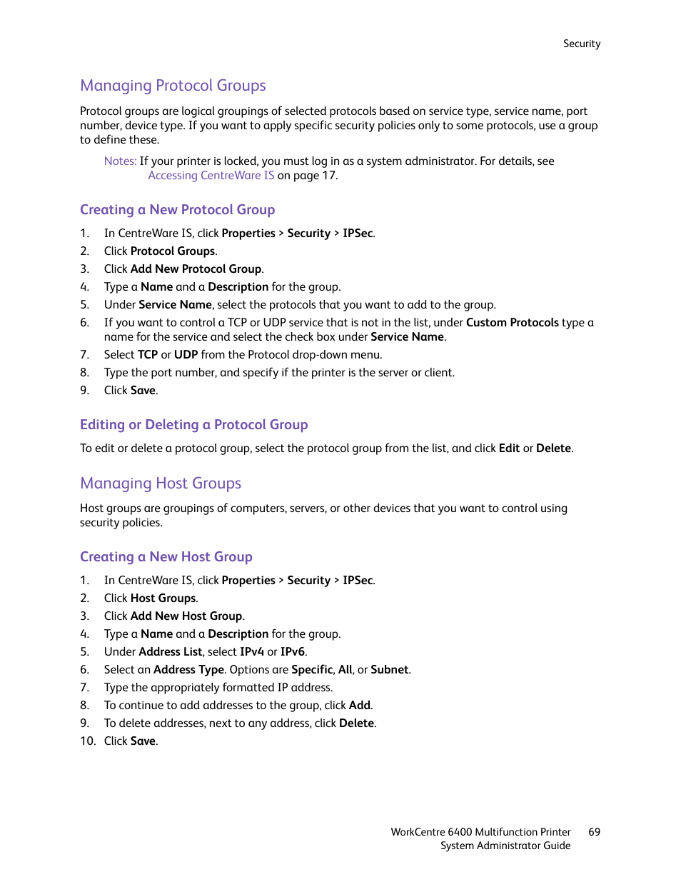 Managing protocol groups, Managing host groups, Managing protocol groups managing host groups | Xerox WorkCentre 6400 User Manual | Page 69 / 184