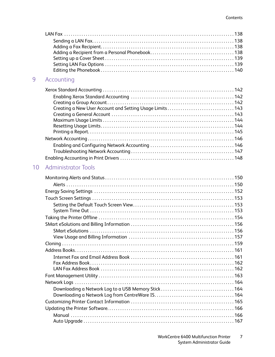 9accounting, 10 administrator tools | Xerox WorkCentre 6400 User Manual | Page 7 / 184