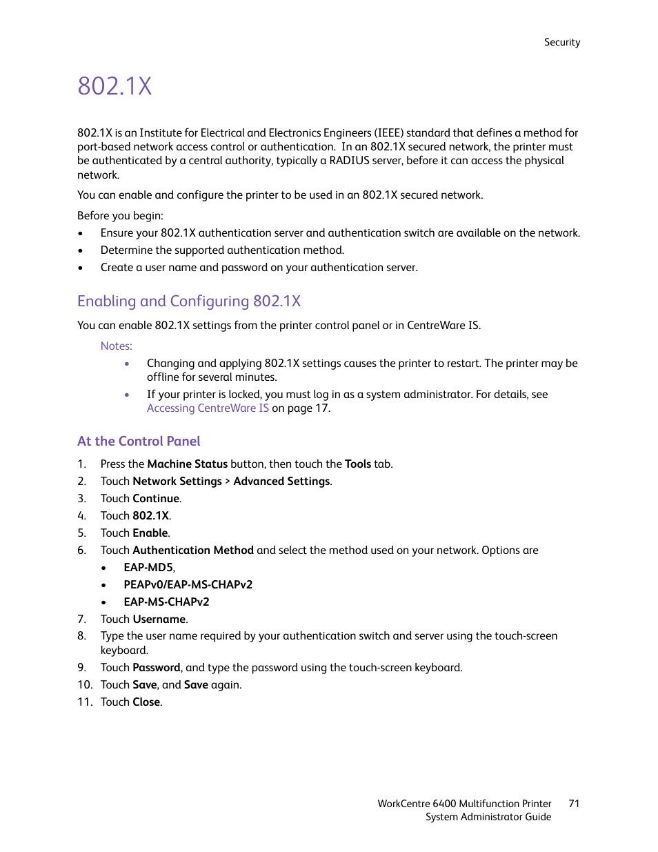 Enabling and configuring 802.1x | Xerox WorkCentre 6400 User Manual | Page 71 / 184