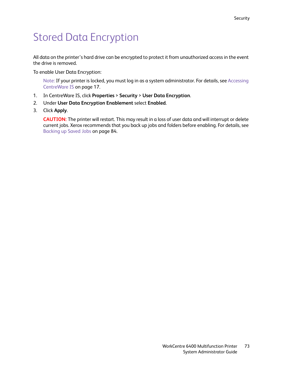 Stored data encryption | Xerox WorkCentre 6400 User Manual | Page 73 / 184
