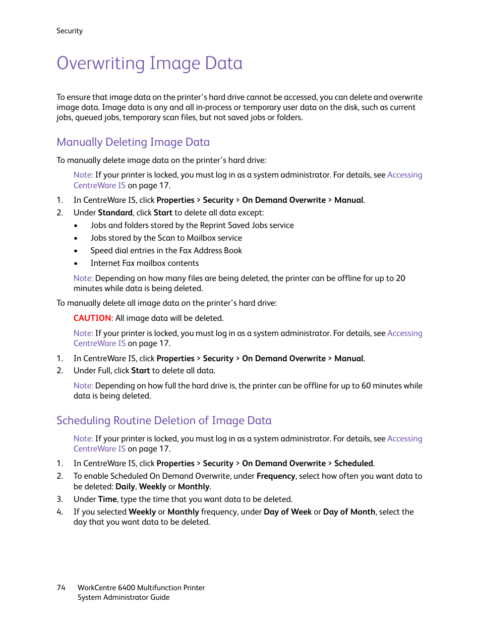 Overwriting image data, Manually deleting image data, Scheduling routine deletion of image data | Xerox WorkCentre 6400 User Manual | Page 74 / 184
