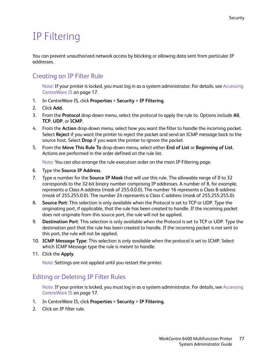 Ip filtering, Creating an ip filter rule, Editing or deleting ip filter rules | Xerox WorkCentre 6400 User Manual | Page 77 / 184