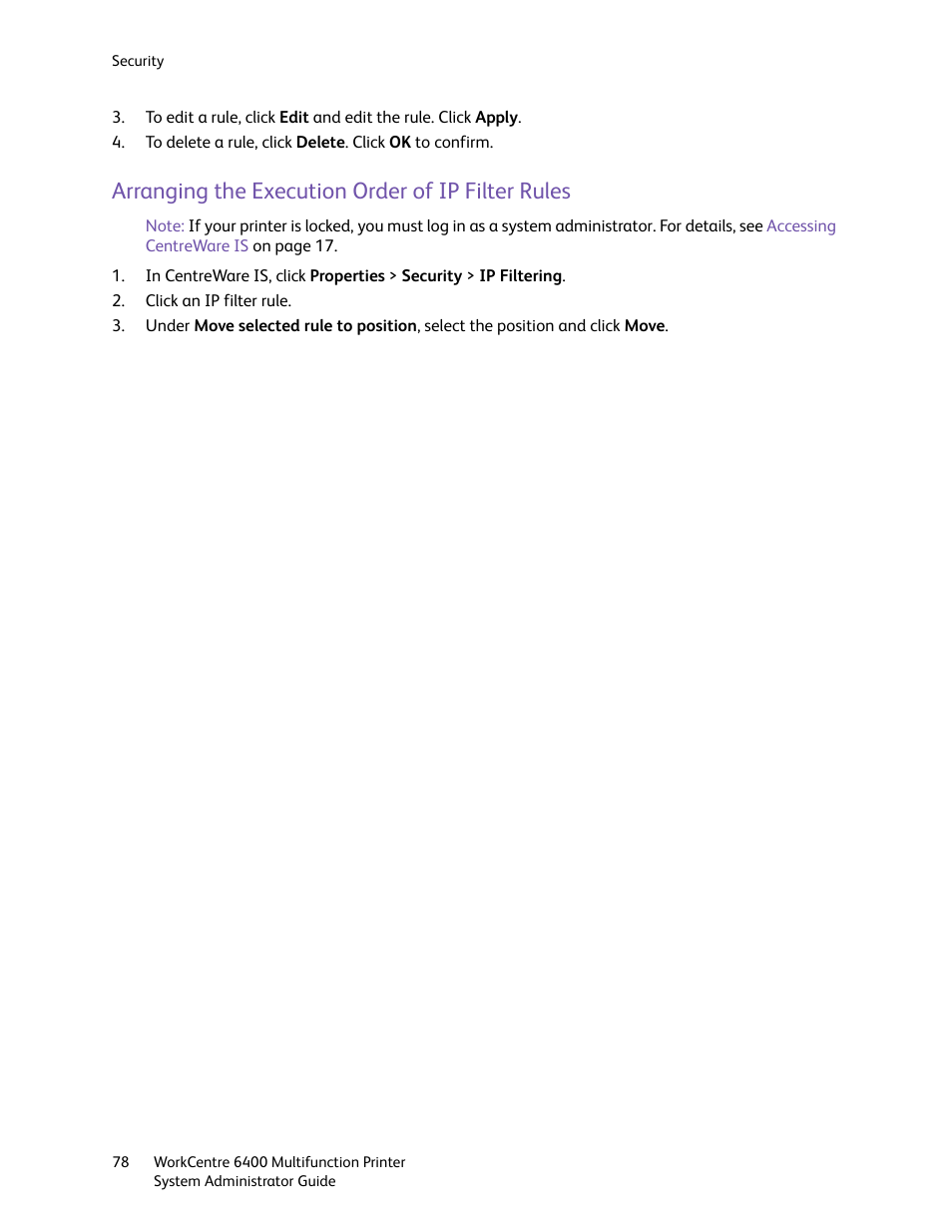 Arranging the execution order of ip filter rules | Xerox WorkCentre 6400 User Manual | Page 78 / 184