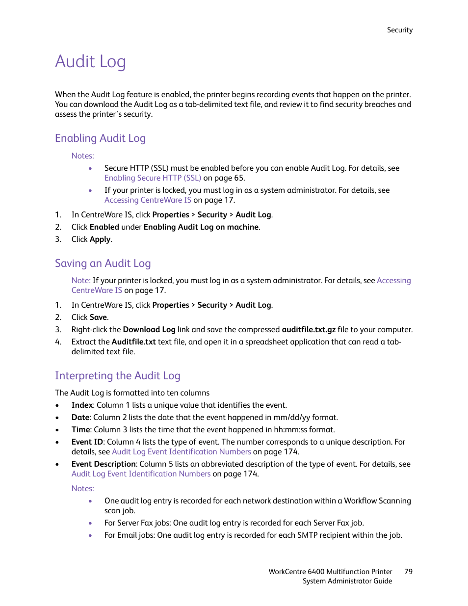 Audit log, Enabling audit log, Saving an audit log | Interpreting the audit log | Xerox WorkCentre 6400 User Manual | Page 79 / 184