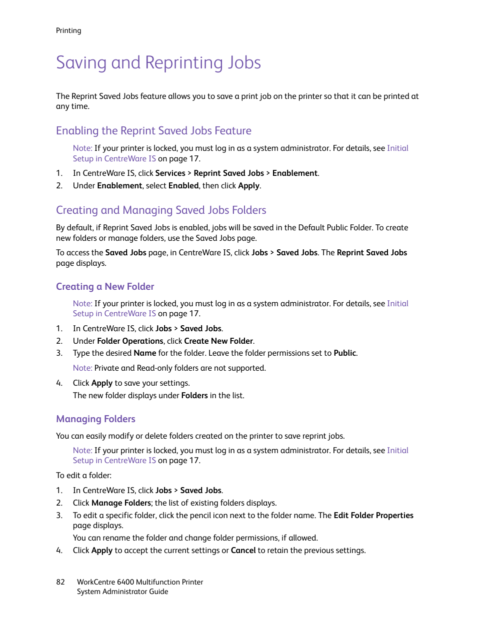 Saving and reprinting jobs, Enabling the reprint saved jobs feature, Creating and managing saved jobs folders | Xerox WorkCentre 6400 User Manual | Page 82 / 184