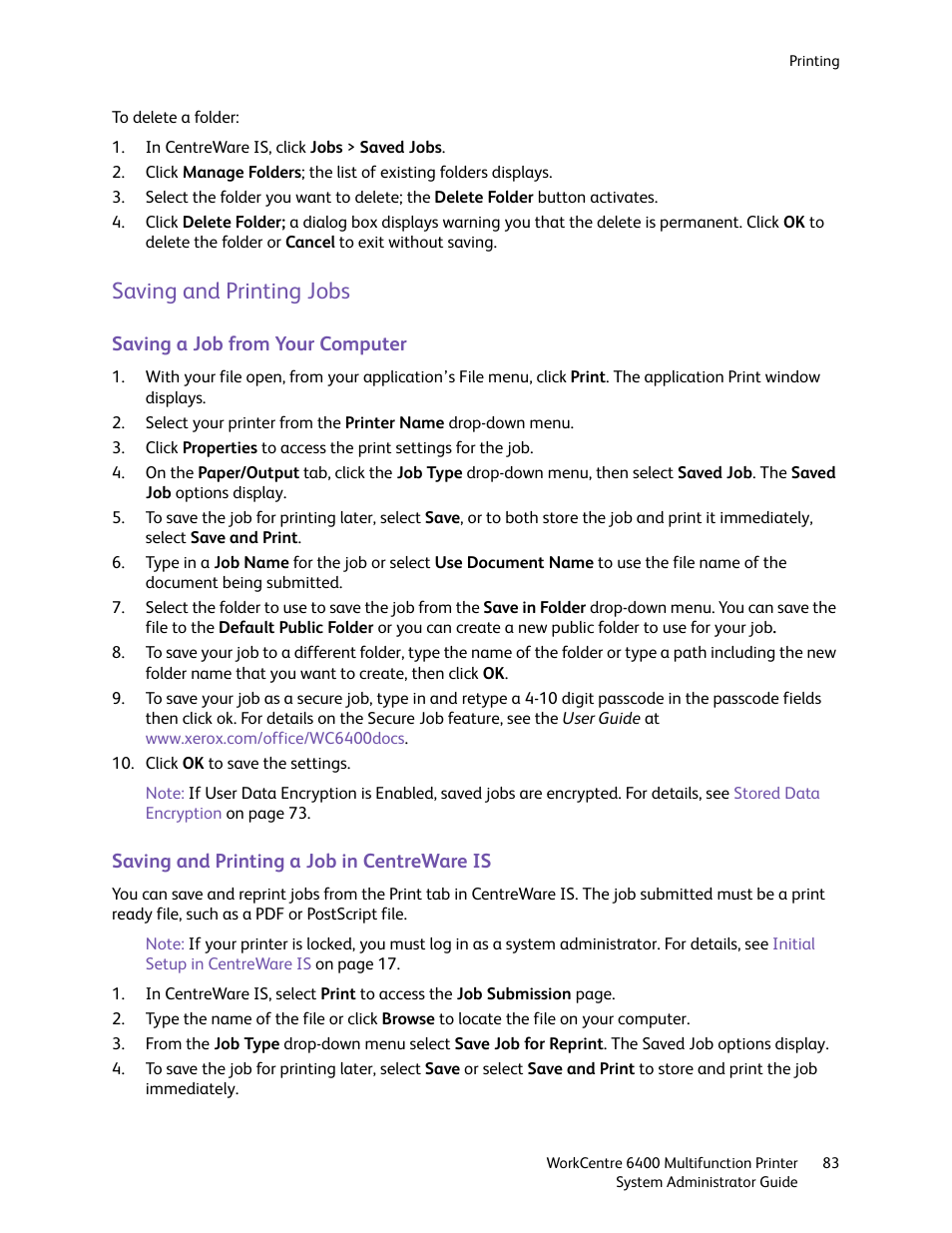 Saving and printing jobs | Xerox WorkCentre 6400 User Manual | Page 83 / 184