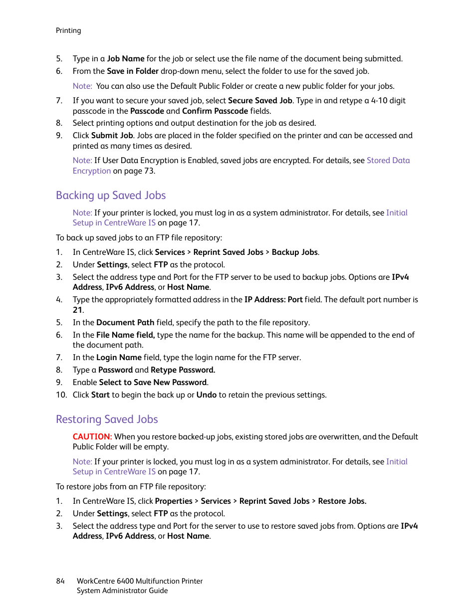 Backing up saved jobs, Restoring saved jobs, Backing up saved jobs restoring saved jobs | Xerox WorkCentre 6400 User Manual | Page 84 / 184