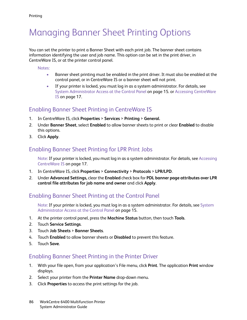 Managing banner sheet printing options, Enabling banner sheet printing in centreware is, Enabling banner sheet printing for lpr print jobs | Xerox WorkCentre 6400 User Manual | Page 86 / 184