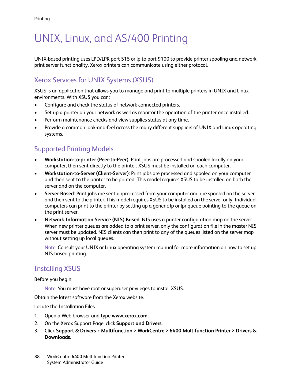 Unix, linux, and as/400 printing, Xerox services for unix systems (xsus), Supported printing models | Installing xsus | Xerox WorkCentre 6400 User Manual | Page 88 / 184