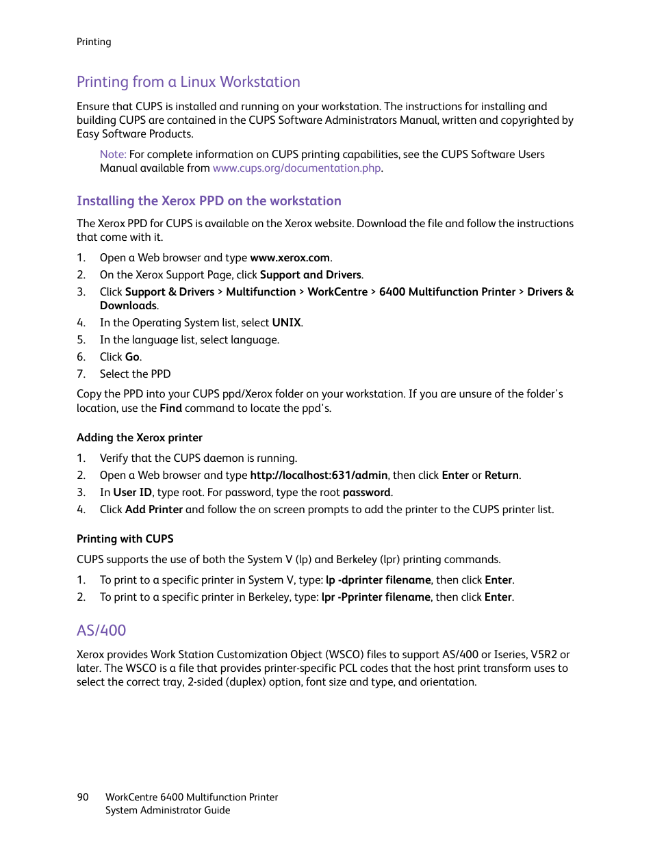 Printing from a linux workstation, As/400, Printing from a linux workstation as/400 | Xerox WorkCentre 6400 User Manual | Page 90 / 184