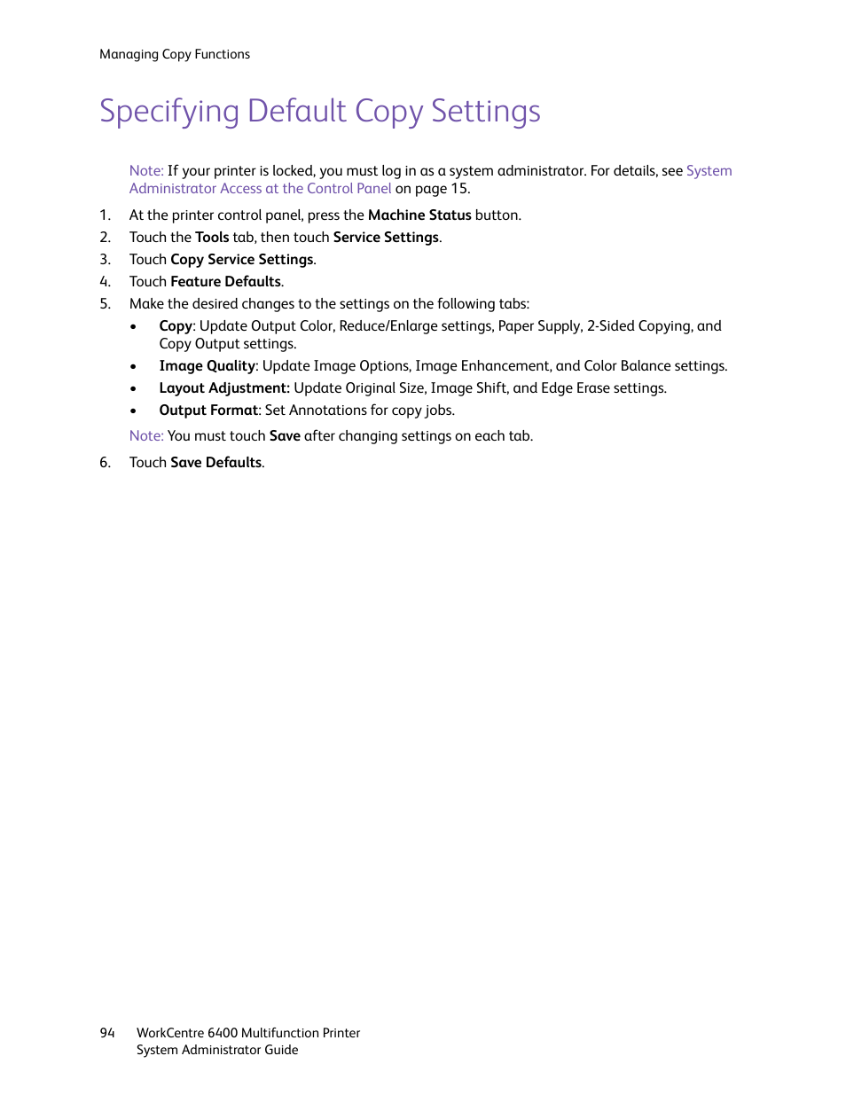 Specifying default copy settings | Xerox WorkCentre 6400 User Manual | Page 94 / 184
