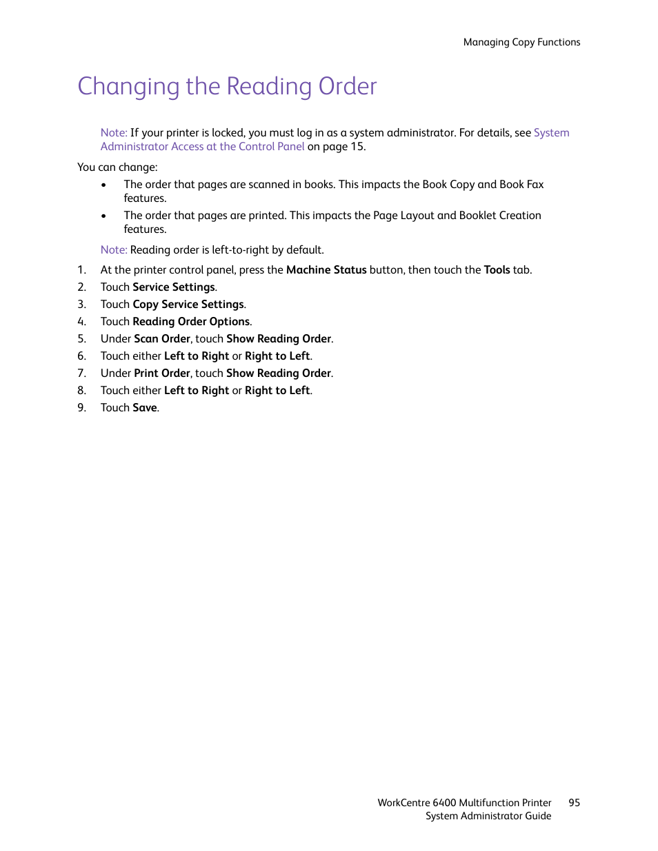 Changing the reading order | Xerox WorkCentre 6400 User Manual | Page 95 / 184