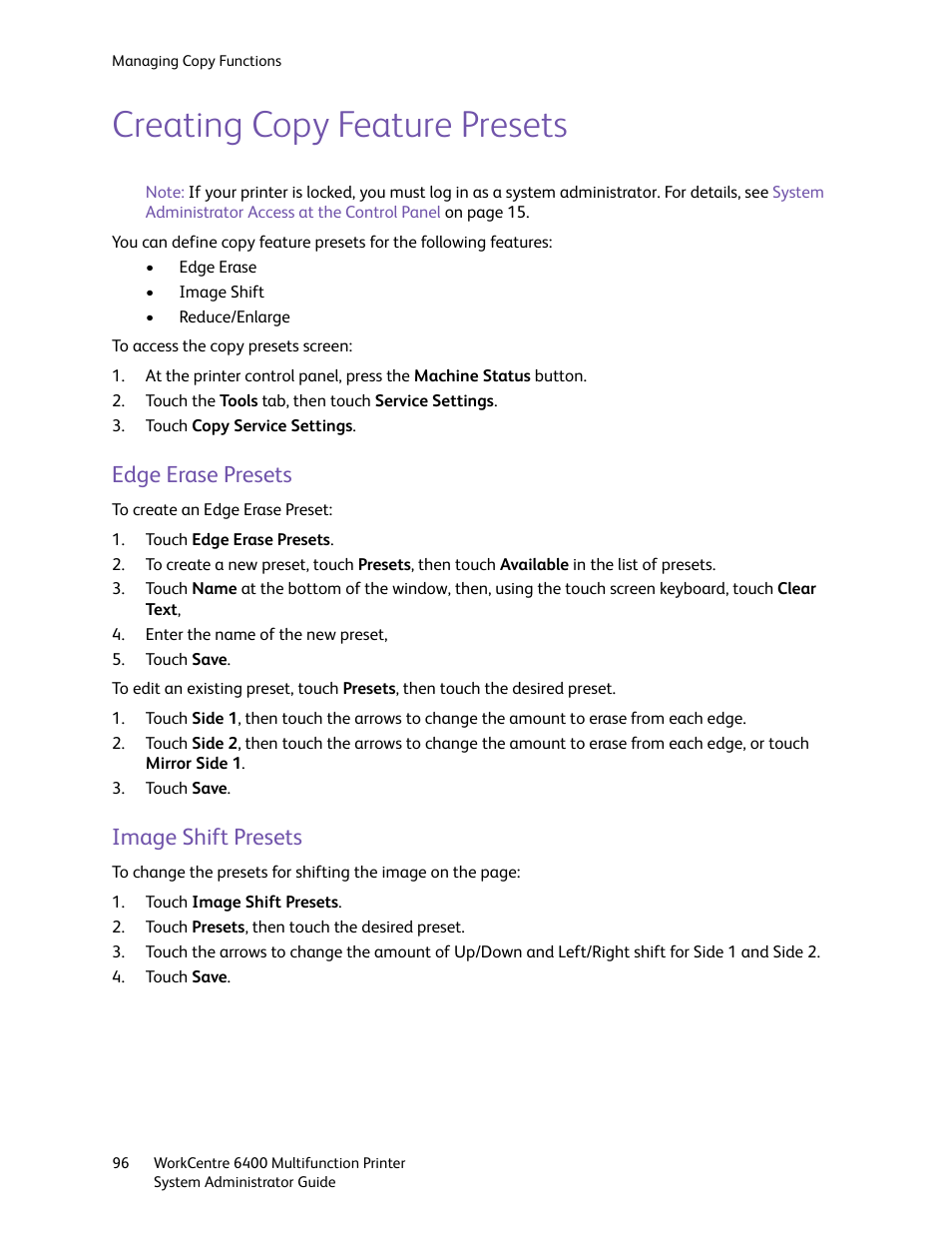 Creating copy feature presets, Edge erase presets, Image shift presets | Edge erase presets image shift presets | Xerox WorkCentre 6400 User Manual | Page 96 / 184