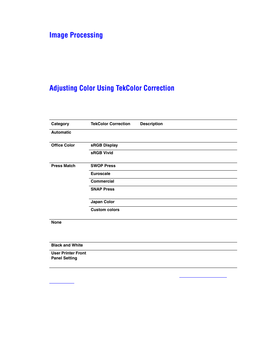 Image processing, Adjusting color using tekcolor correction | Xerox COLOR LASER PRINTER 7750 User Manual | Page 2 / 4