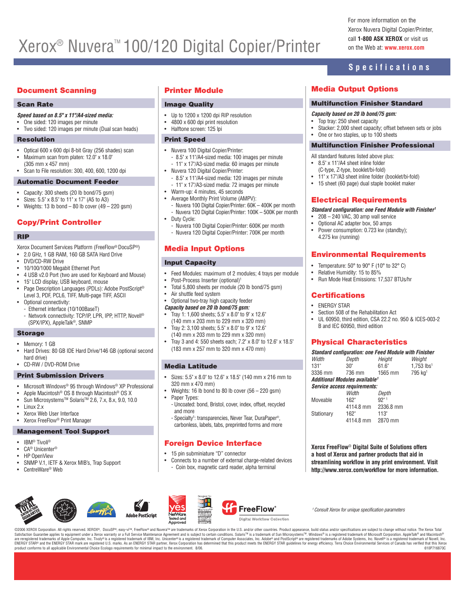Xerox, Nuvera, Tot al | Document scanning, Copy/print controller, Printer module, Media input options, Foreign device interface, Media output options, Electrical requirements | Xerox Nuvera 100/120 User Manual | Page 2 / 2