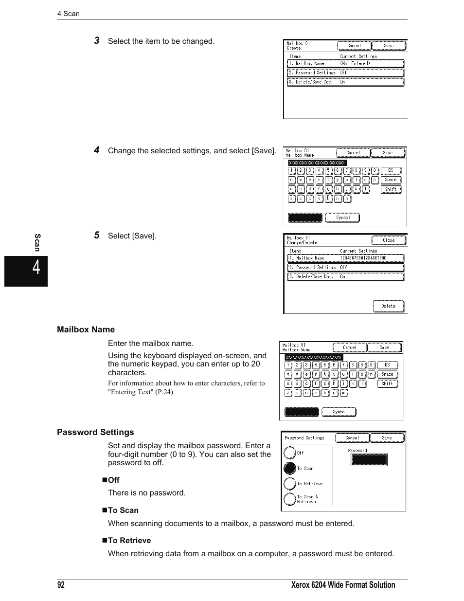 Mailbox name, Password settings, To scan | To retrieve | Xerox 701P44973 User Manual | Page 100 / 206
