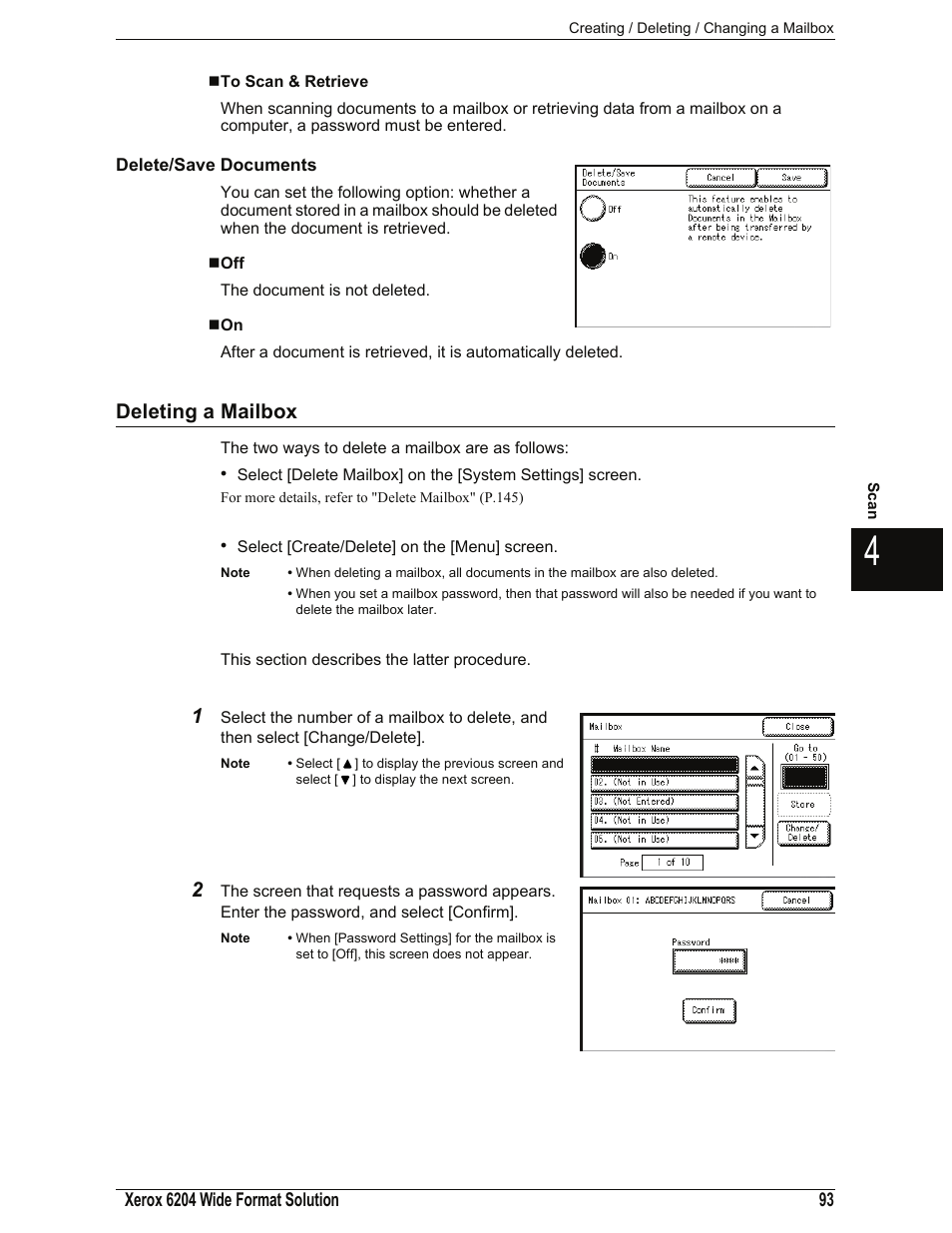 To scan & retrieve, Delete/save documents, Deleting a mailbox | Xerox 701P44973 User Manual | Page 101 / 206