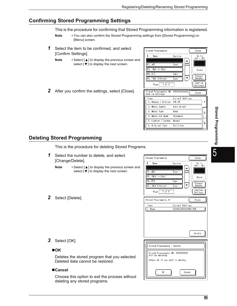 Confirming stored programming settings, Deleting stored programming, Cancel | Xerox 701P44973 User Manual | Page 107 / 206
