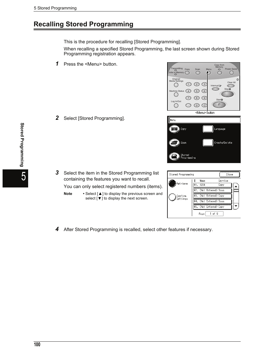 Recalling stored programming, Press the <menu> button, Select [stored programming | Xerox 701P44973 User Manual | Page 108 / 206